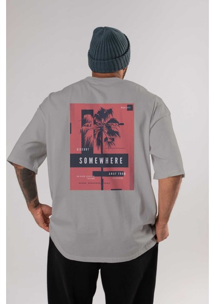 Hideout Somewhere Arka Baskılı Gri Oversize T-Shirt Unisex Erkek Kadın Bisiklet Yaka