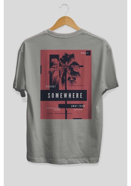 Hideout Somewhere Arka Baskılı Gri Oversize T-Shirt Unisex Erkek Kadın Bisiklet Yaka fiyatları