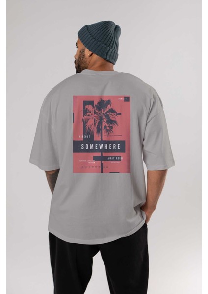 Hideout Somewhere Arka Baskılı Gri Oversize T-Shirt Unisex Erkek Kadın Bisiklet Yaka fırsatları