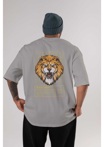 Aggressive Lion Arka Baskılı Gri Oversize T-Shirt Unisex Erkek Kadın Bisiklet Yaka