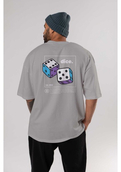 Dice Yazılı Arka Baskılı Gri Oversize T-Shirt Unisex Erkek Kadın Bisiklet Yaka fırsatları