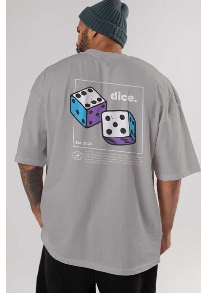 Dice Yazılı Arka Baskılı Gri Oversize T-Shirt Unisex Erkek Kadın Bisiklet Yaka indirimleri