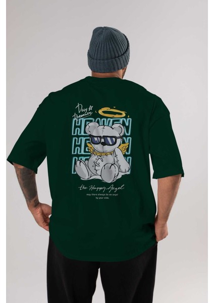 Heaven Bear Arka Baskılı Zümrüt Yeşili Oversize T-Shirt Unisex Erkek Kadın Bisiklet Yaka