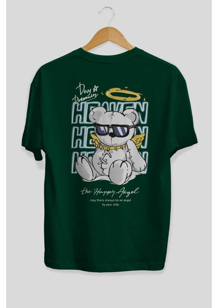Heaven Bear Arka Baskılı Zümrüt Yeşili Oversize T-Shirt Unisex Erkek Kadın Bisiklet Yaka fiyatları