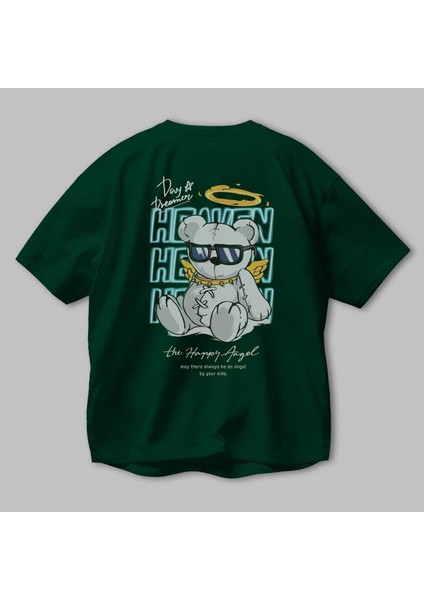 Heaven Bear Arka Baskılı Zümrüt Yeşili Oversize T-Shirt Unisex Erkek Kadın Bisiklet Yaka modelleri