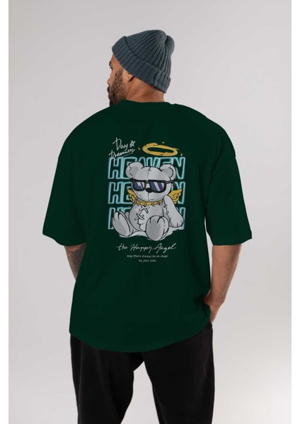 Heaven Bear Arka Baskılı Zümrüt Yeşili Oversize T-Shirt Unisex Erkek Kadın Bisiklet Yaka indirimleri