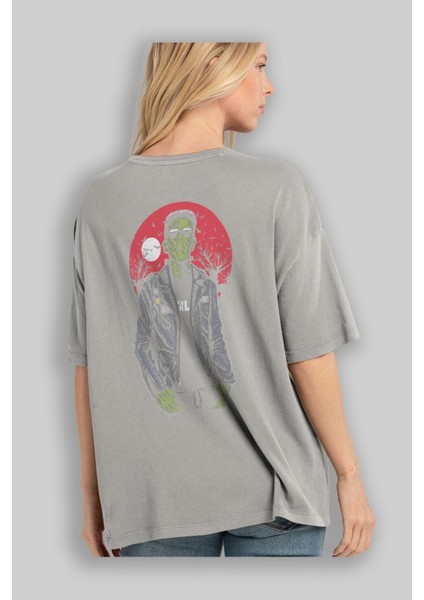 Frank Arka Baskılı Gri Oversize T-Shirt Unisex Erkek Kadın Bisiklet Yaka modelleri