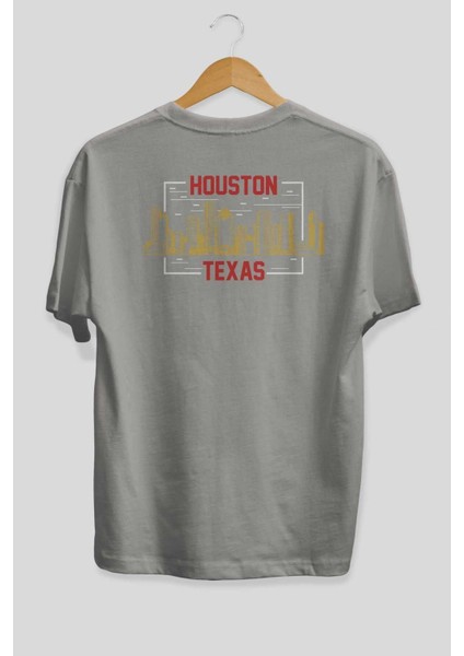 Houston Arka Baskılı Gri Oversize T-Shirt Unisex Erkek Kadın Bisiklet Yaka fiyatları