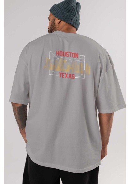 Houston Arka Baskılı Gri Oversize T-Shirt Unisex Erkek Kadın Bisiklet Yaka indirimleri