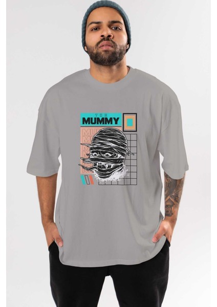 The Mummy 2 Ön Baskılı Gri Oversize T-Shirt Unisex Erkek Kadın Bisiklet Yaka
