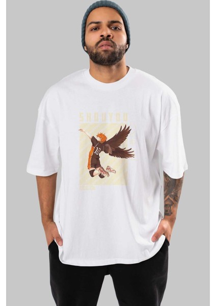 Shouyou Hinata 3 Anime Ön Baskılı Beyaz Oversize T-Shirt Erkek Kadın
