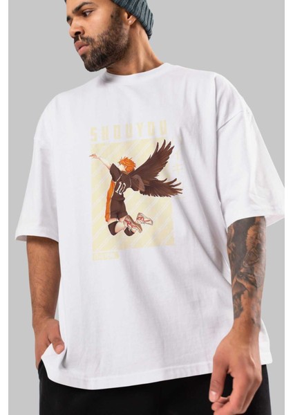 Shouyou Hinata 3 Anime Ön Baskılı Beyaz Oversize T-Shirt Erkek Kadın modelleri
