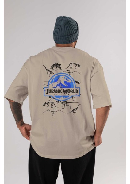 Jurassic Park (5) Arka Baskılı Bej Oversize T-Shirt Bisiklet Yaka Pamuk Erkek Kadın