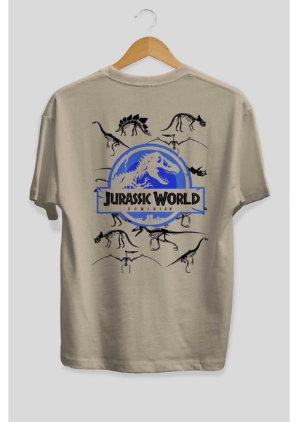 Jurassic Park (5) Arka Baskılı Bej Oversize T-Shirt Bisiklet Yaka Pamuk Erkek Kadın fiyatları