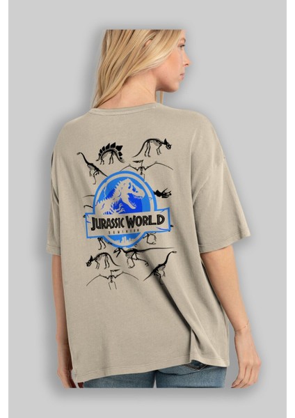 Jurassic Park (5) Arka Baskılı Bej Oversize T-Shirt Bisiklet Yaka Pamuk Erkek Kadın modelleri