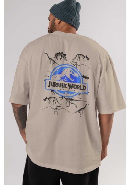 Jurassic Park (5) Arka Baskılı Bej Oversize T-Shirt Bisiklet Yaka Pamuk Erkek Kadın indirimleri