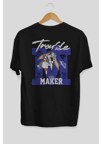 Bugs Bunny Arka Baskılı Siyah Oversize T-Shirt Bisiklet Yaka Pamuk Erkek Kadın fiyatları