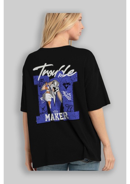 Bugs Bunny Arka Baskılı Siyah Oversize T-Shirt Bisiklet Yaka Pamuk Erkek Kadın fırsatları