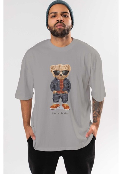 Teddy Bear Tarz Ön Baskılı Gri Oversize T-Shirt Unisex Erkek Kadın Bisiklet Yaka