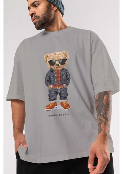 Teddy Bear Tarz Ön Baskılı Gri Oversize T-Shirt Unisex Erkek Kadın Bisiklet Yaka modelleri