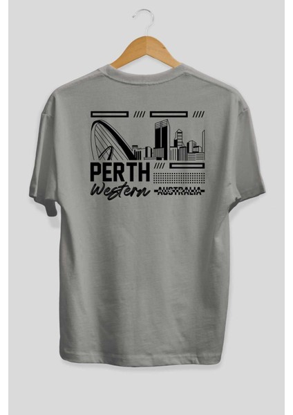 Perth Arka Baskılı Gri Oversize T-Shirt Unisex Erkek Kadın Bisiklet Yaka fiyatları
