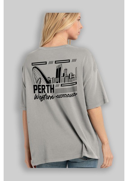 Perth Arka Baskılı Gri Oversize T-Shirt Unisex Erkek Kadın Bisiklet Yaka modelleri