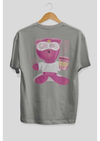 Girl Boss Bear Arka Baskılı Gri Oversize T-Shirt Unisex Erkek Kadın Bisiklet Yaka fiyatları