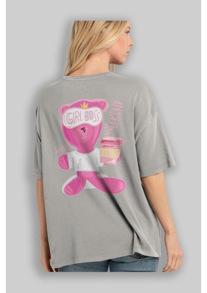 Girl Boss Bear Arka Baskılı Gri Oversize T-Shirt Unisex Erkek Kadın Bisiklet Yaka modelleri