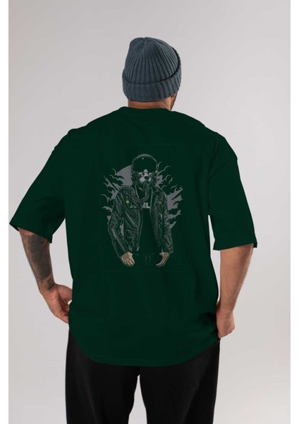 Sky Fighter Arka Baskılı Zümrüt Yeşili Oversize T-Shirt Erkek Kadın Bisiklet Yaka