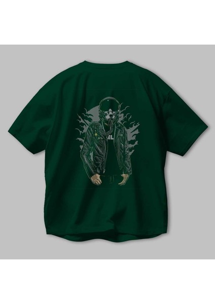 Sky Fighter Arka Baskılı Zümrüt Yeşili Oversize T-Shirt Erkek Kadın Bisiklet Yaka modelleri