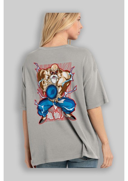 Dragonball Maestroroshi Anime Arka Baskılı Gri Oversize T-Shirt %100 Pamuk Erkek Kadın modelleri
