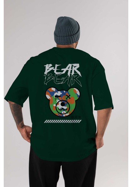 Bear Bear Arka Baskılı Zümrüt Yeşili Oversize T-Shirt Unisex Erkek Kadın Bisiklet Yaka