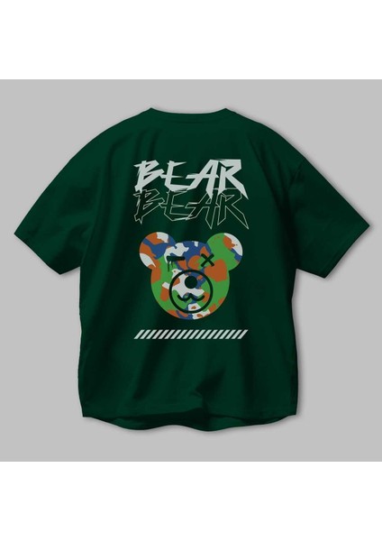Bear Bear Arka Baskılı Zümrüt Yeşili Oversize T-Shirt Unisex Erkek Kadın Bisiklet Yaka modelleri