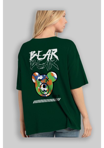 Bear Bear Arka Baskılı Zümrüt Yeşili Oversize T-Shirt Unisex Erkek Kadın Bisiklet Yaka fırsatları