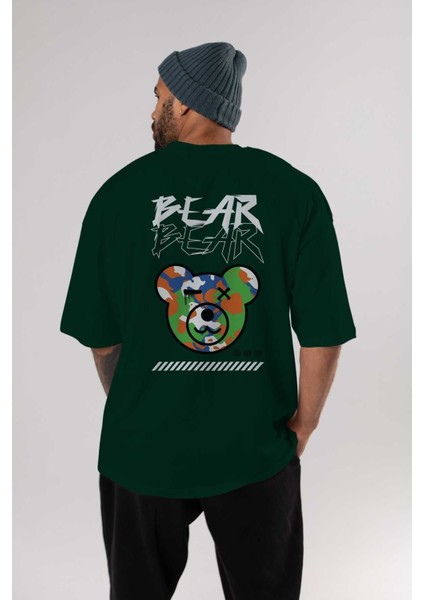 Bear Bear Arka Baskılı Zümrüt Yeşili Oversize T-Shirt Unisex Erkek Kadın Bisiklet Yaka indirimleri