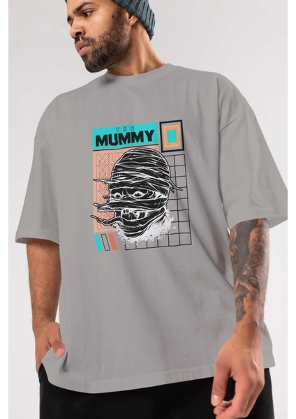 The Mummy 2 Ön Baskılı Gri Oversize T-Shirt Unisex Erkek Kadın Bisiklet Yaka modelleri