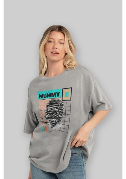 The Mummy 2 Ön Baskılı Gri Oversize T-Shirt Unisex Erkek Kadın Bisiklet Yaka fırsatları