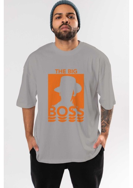 The Big Boss Ön Baskılı Gri Oversize T-Shirt Unisex Erkek Kadın Bisiklet Yaka