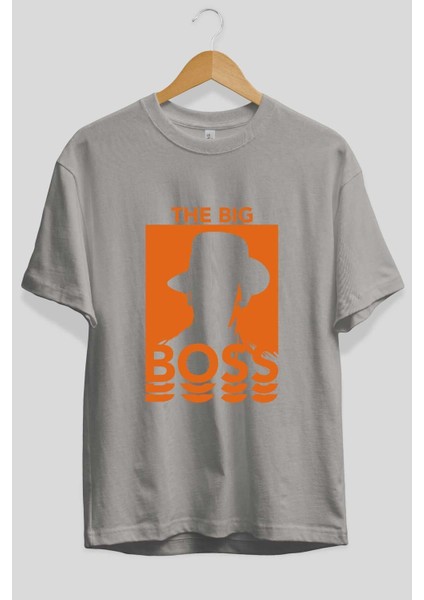 The Big Boss Ön Baskılı Gri Oversize T-Shirt Unisex Erkek Kadın Bisiklet Yaka