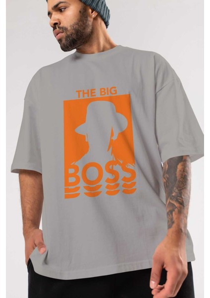 The Big Boss Ön Baskılı Gri Oversize T-Shirt Unisex Erkek Kadın Bisiklet Yaka
