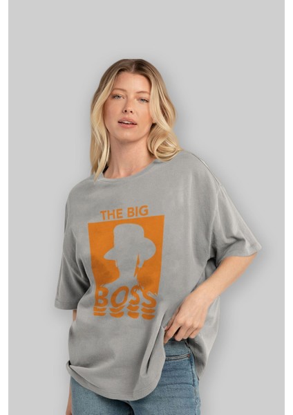 The Big Boss Ön Baskılı Gri Oversize T-Shirt Unisex Erkek Kadın Bisiklet Yaka