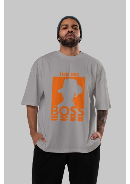 The Big Boss Ön Baskılı Gri Oversize T-Shirt Unisex Erkek Kadın Bisiklet Yaka