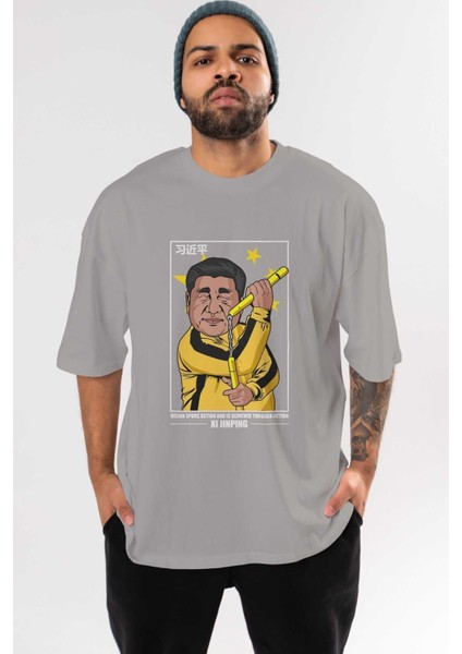 Xi Jinping Bruce Lee Ön Baskılı Gri Oversize T-Shirt Unisex Erkek Kadın Bisiklet Yaka