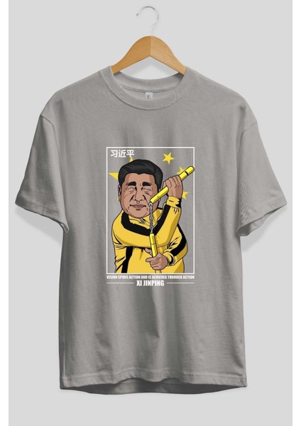 Xi Jinping Bruce Lee Ön Baskılı Gri Oversize T-Shirt Unisex Erkek Kadın Bisiklet Yaka fiyatları
