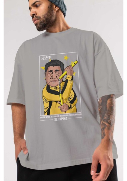 Xi Jinping Bruce Lee Ön Baskılı Gri Oversize T-Shirt Unisex Erkek Kadın Bisiklet Yaka modelleri