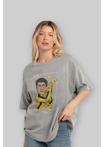 Xi Jinping Bruce Lee Ön Baskılı Gri Oversize T-Shirt Unisex Erkek Kadın Bisiklet Yaka fırsatları