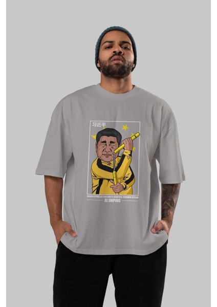 Xi Jinping Bruce Lee Ön Baskılı Gri Oversize T-Shirt Unisex Erkek Kadın Bisiklet Yaka indirimleri