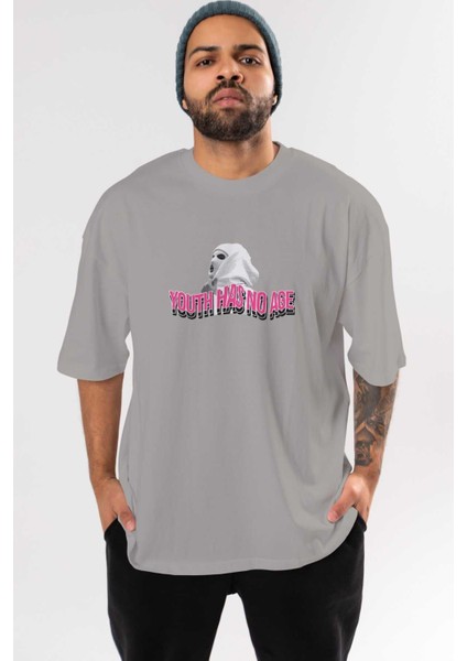Youth Has No Age Ön Baskılı Gri Oversize T-Shirt Unisex Erkek Kadın Bisiklet Yaka