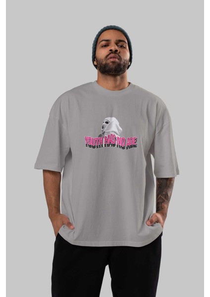 Youth Has No Age Ön Baskılı Gri Oversize T-Shirt Unisex Erkek Kadın Bisiklet Yaka indirimleri