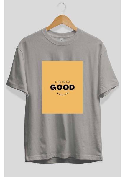 Life Is So Good Ön Baskılı Gri Oversize T-Shirt Unisex Erkek Kadın Bisiklet Yaka fiyatları